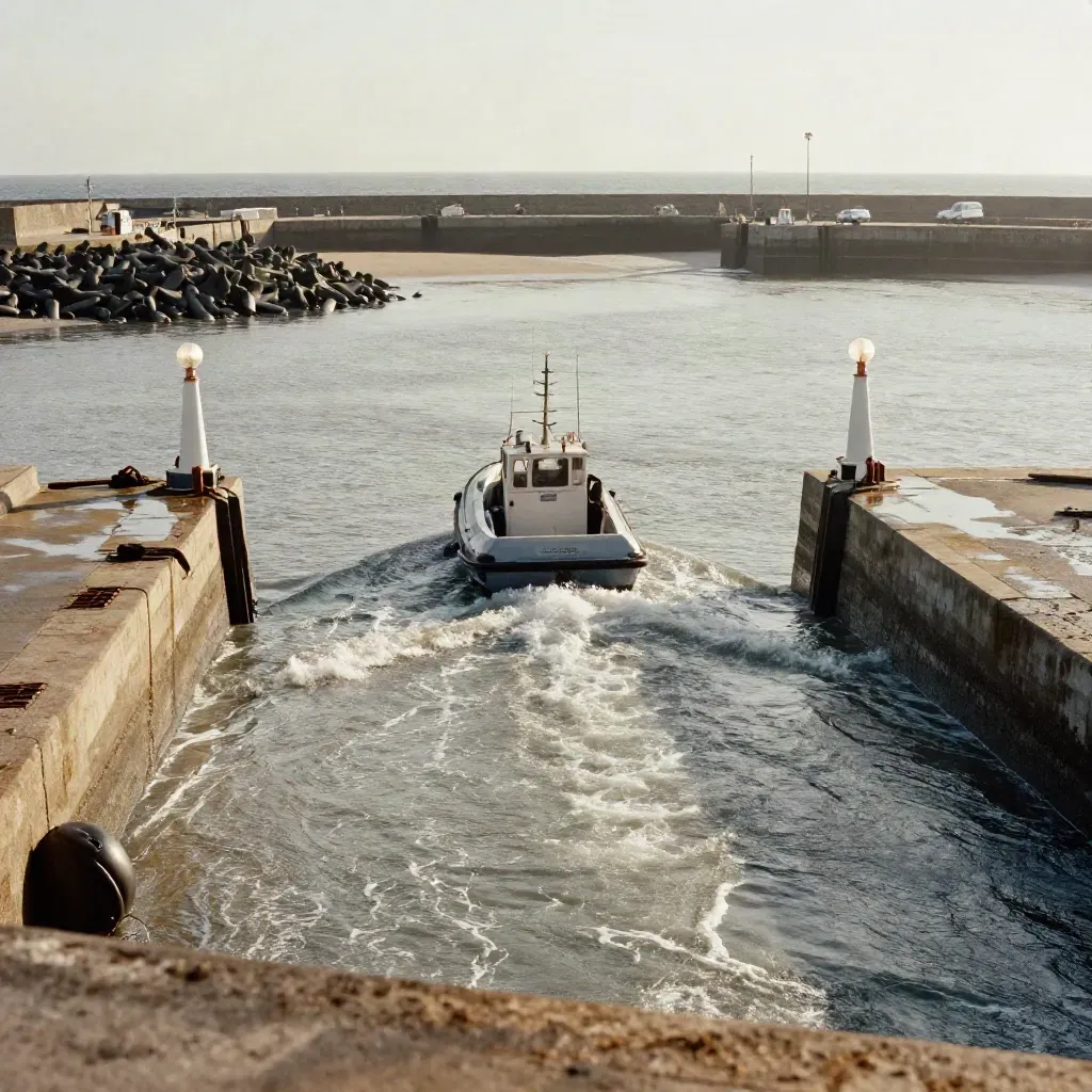 Pilot launch and lit beacons guarding a calm harbour entrance at rising tide.