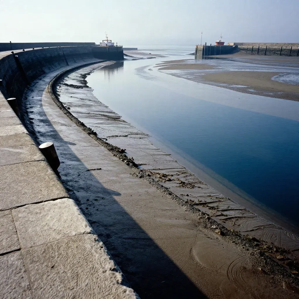 Low-tide harbour mouth showing channel depth, quay clearance and access lane in sea mist.