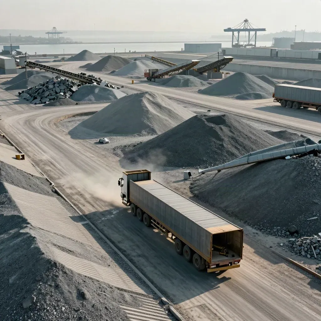 Bulk cargo terminal with open truck lanes, stockpiles, and conveyors in clean daylight.
