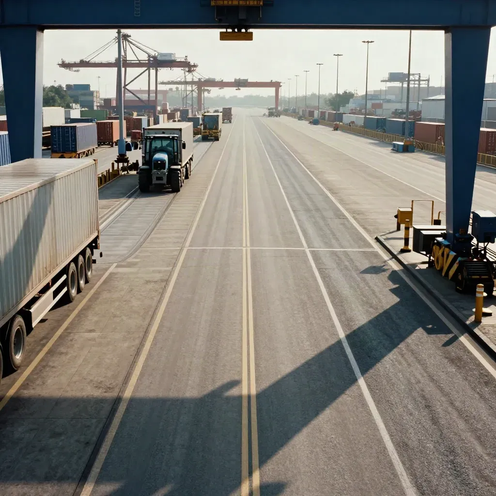 Empty terminal lanes under crane shadows and warm haze at the gate end of a port apron.