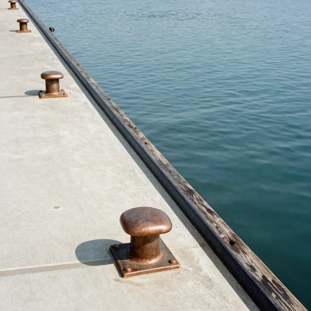 New berth edge, fresh fender line, and rippled water in a completed port pocket.