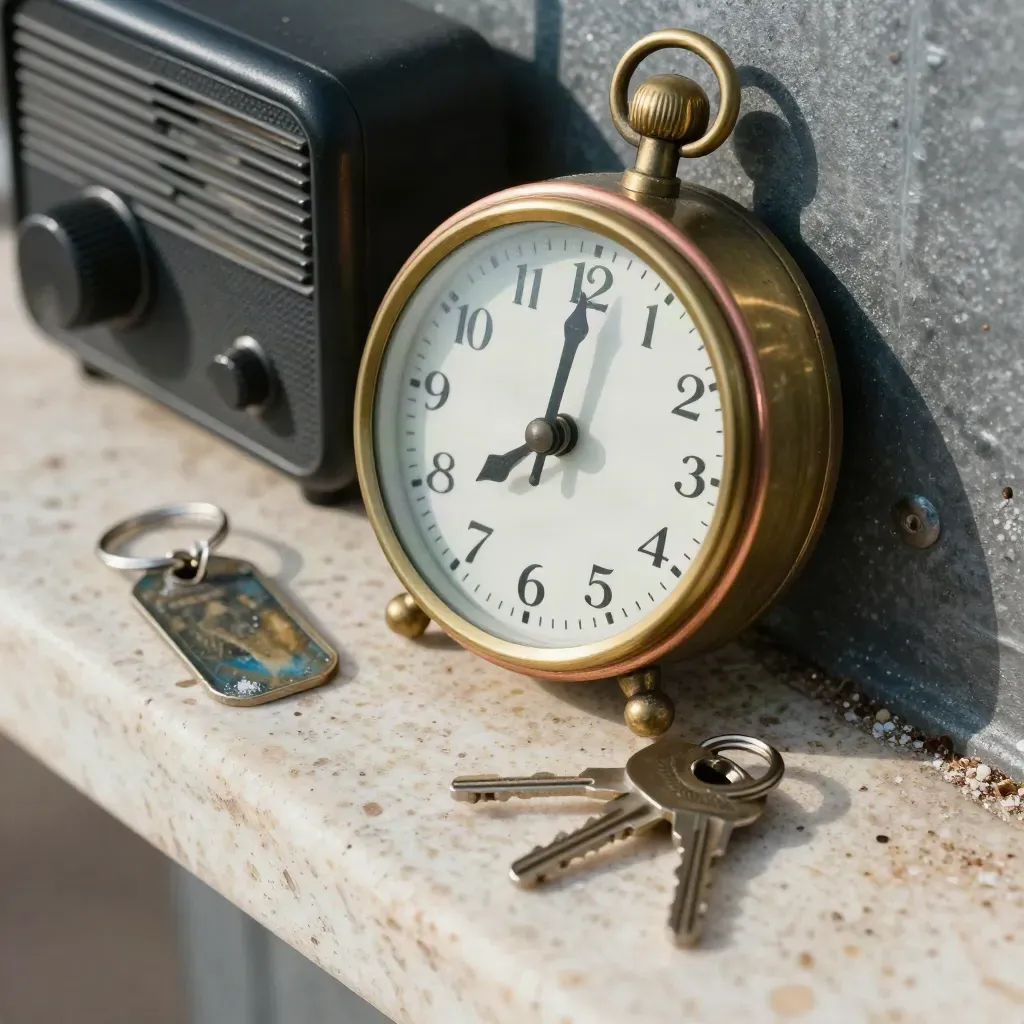 Brass tide clock, harbour radio, and worn dock tag on a salt-dusted travertine ledge.