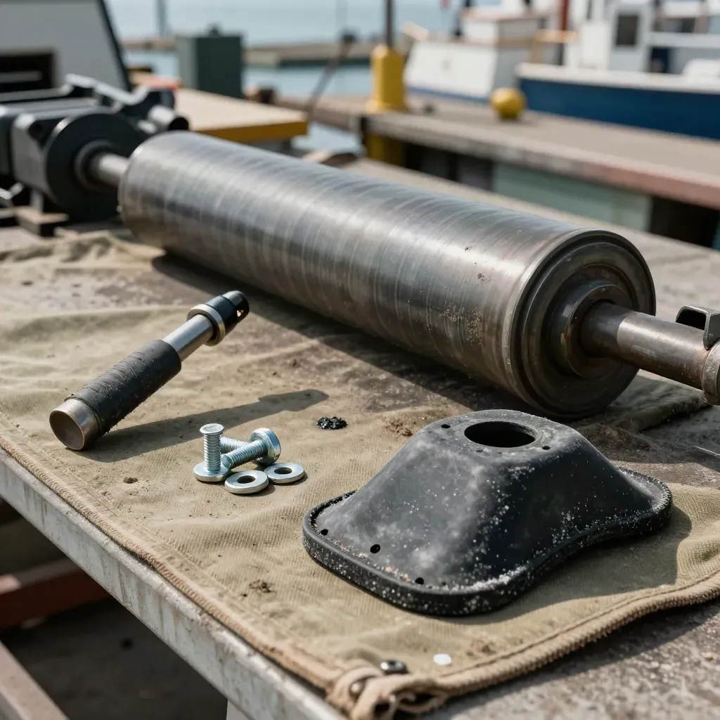 Worn conveyor roller, inspection torch, bolts and dock fender sample on a dusty dockside bench