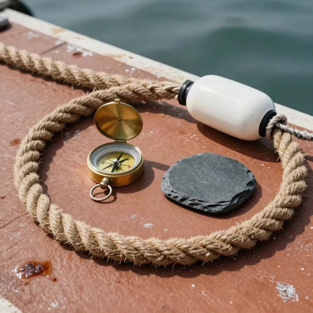 Mooring rope, brass compass, buoy cap and slate stone on a salt-worn harbour surface.