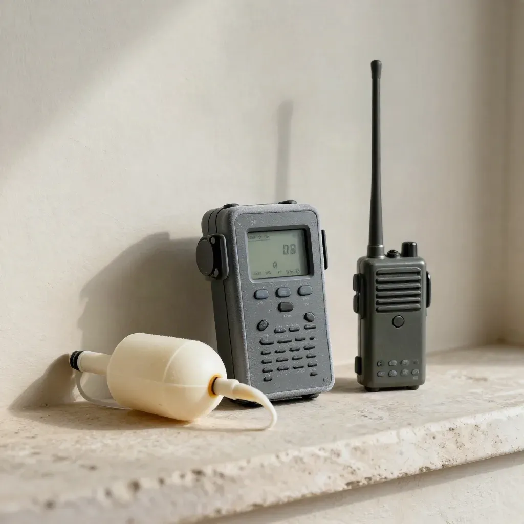 Marine data logger, tide float and radio unit on a stone ledge in soft side light