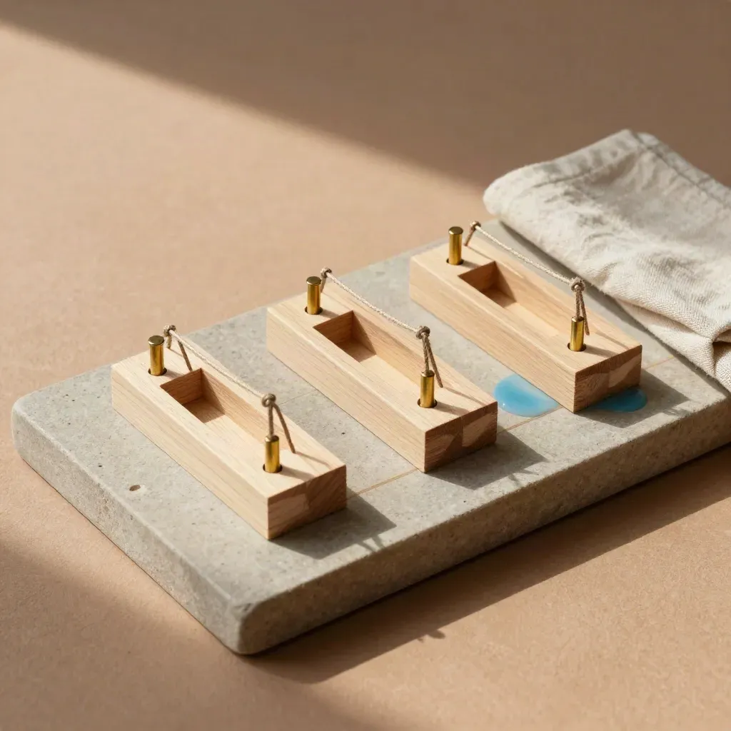 Three timber berth mockups with brass pegs and rope on a stone tray, top-down and softly lit.