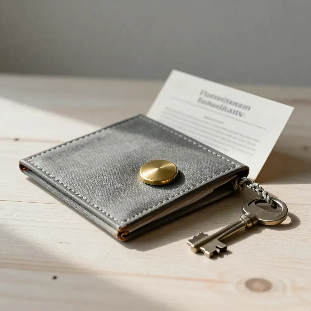 Marine dossier in canvas sleeve with brass seal and harbour key on pale wood, soft daylight