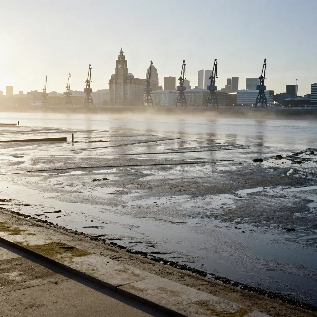 Liverpool waterfront cranes above the Mersey estuary at sunrise in soft haze