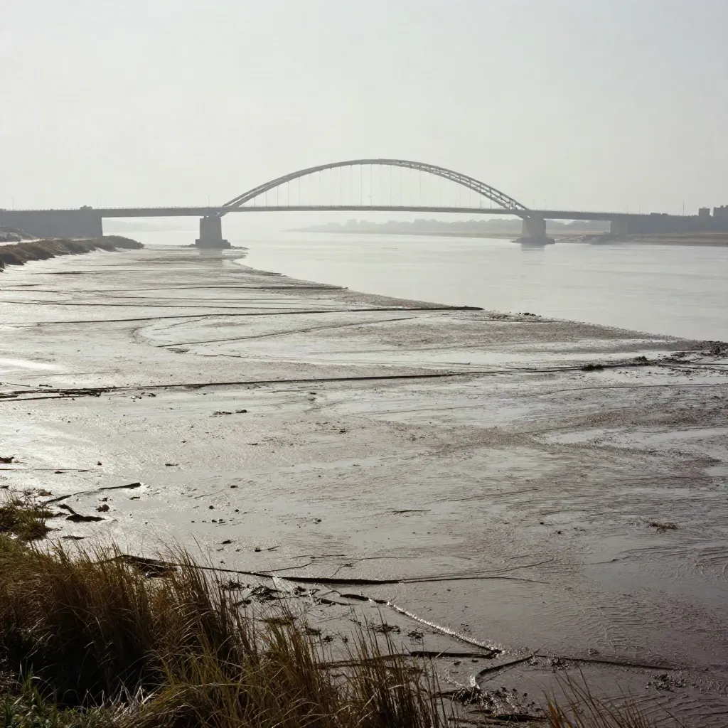 Low-tide Humber estuary with bridge arc high above misty salt marsh and open mudflats