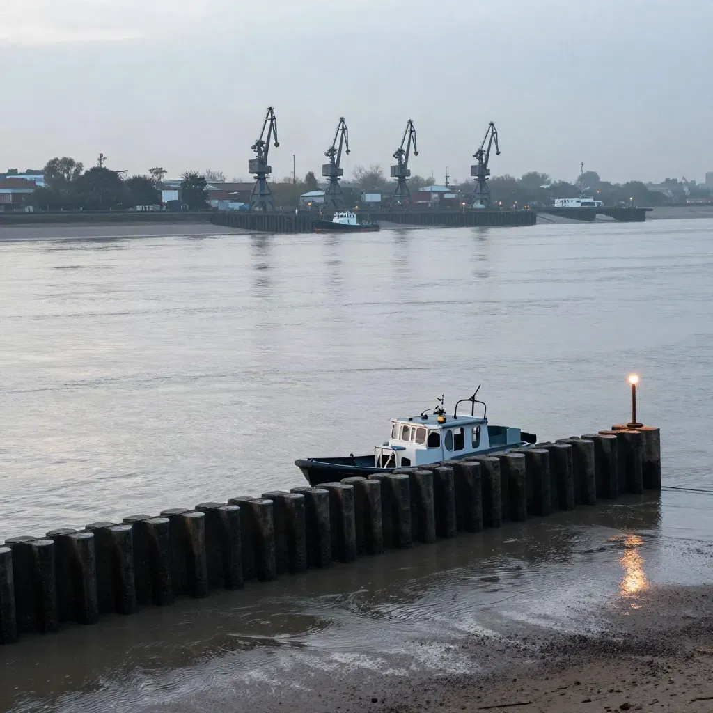 Tilbury docks and the Thames Estuary at blue hour, with calm water and floodlit quay edges.