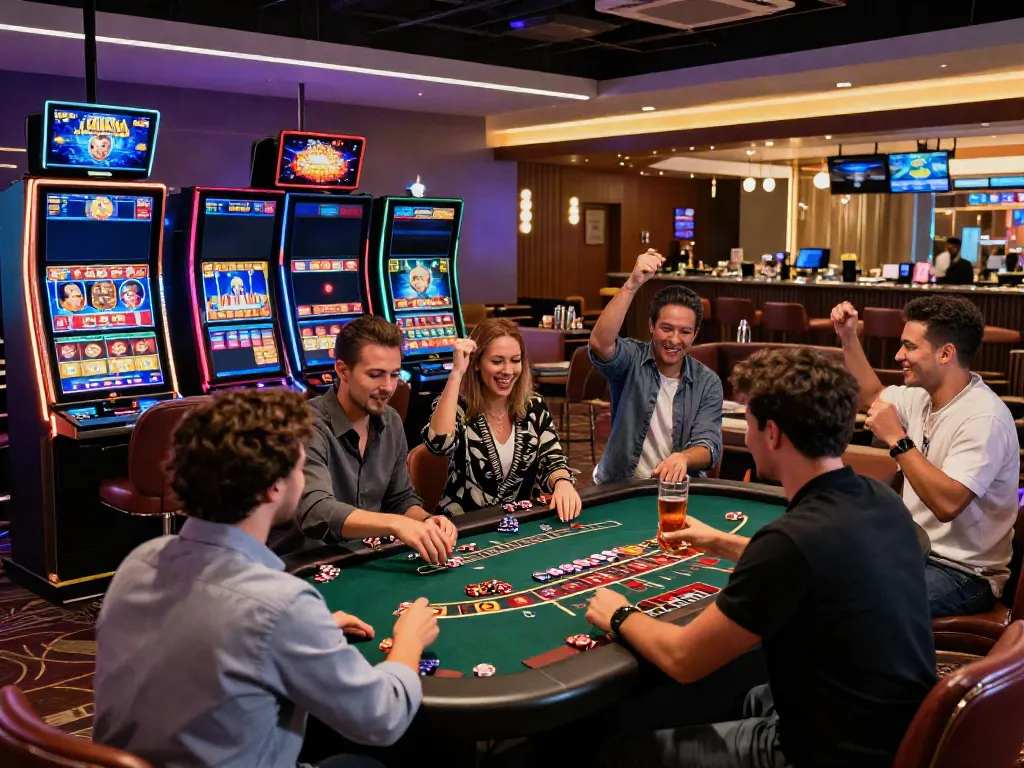 Casino not on gamestop players celebrating wins in a vibrant gaming room