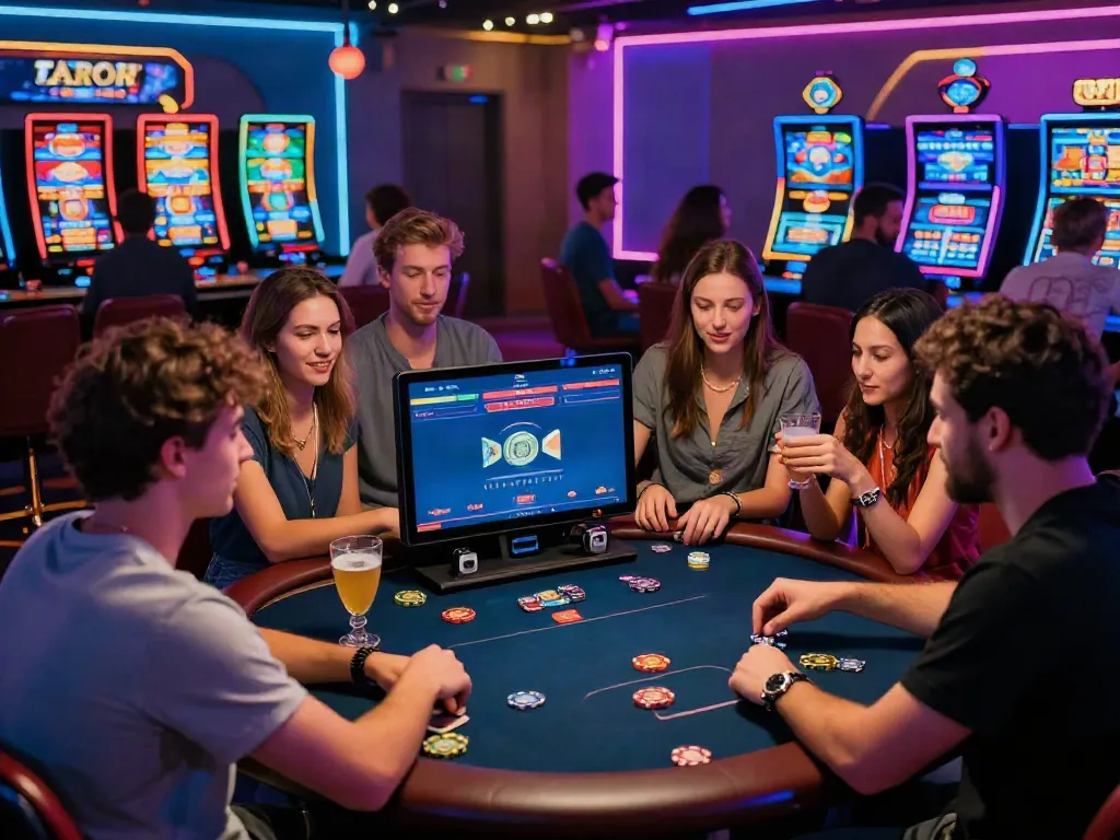Group of friends enjoying a casino not on gamestop experience with vibrant games and drinks.