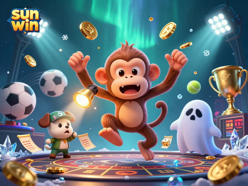 Experience sun win magic with a mischievous poltergeist monkey and ghost-hunter puppy in a haunted casino.