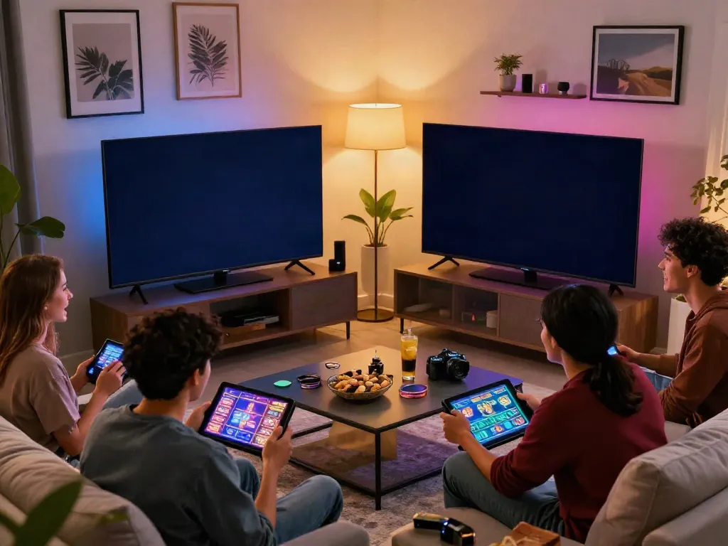 Friends enjoying a lively evening playing casino not on gamestop games in a cozy living room.
