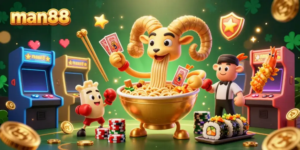 Experience the vibrant gaming world at man88 with engaging characters and casino elements in a lively atmosphere.