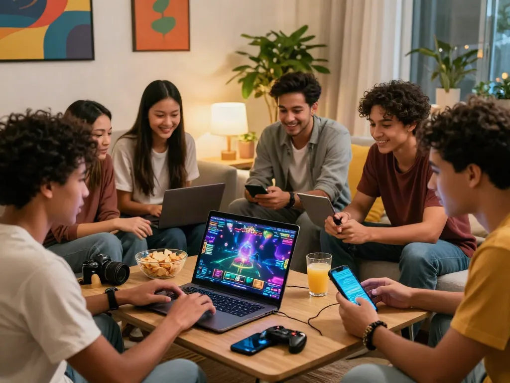 Friends enthusiastically playing casino games not on GamStop at home, showcasing an engaging and vibrant atmosphere.