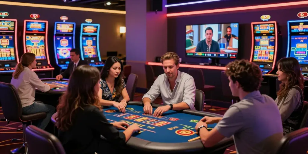 Players engaging at a casino not on gamestop, surrounded by virtual games and a live dealer.
