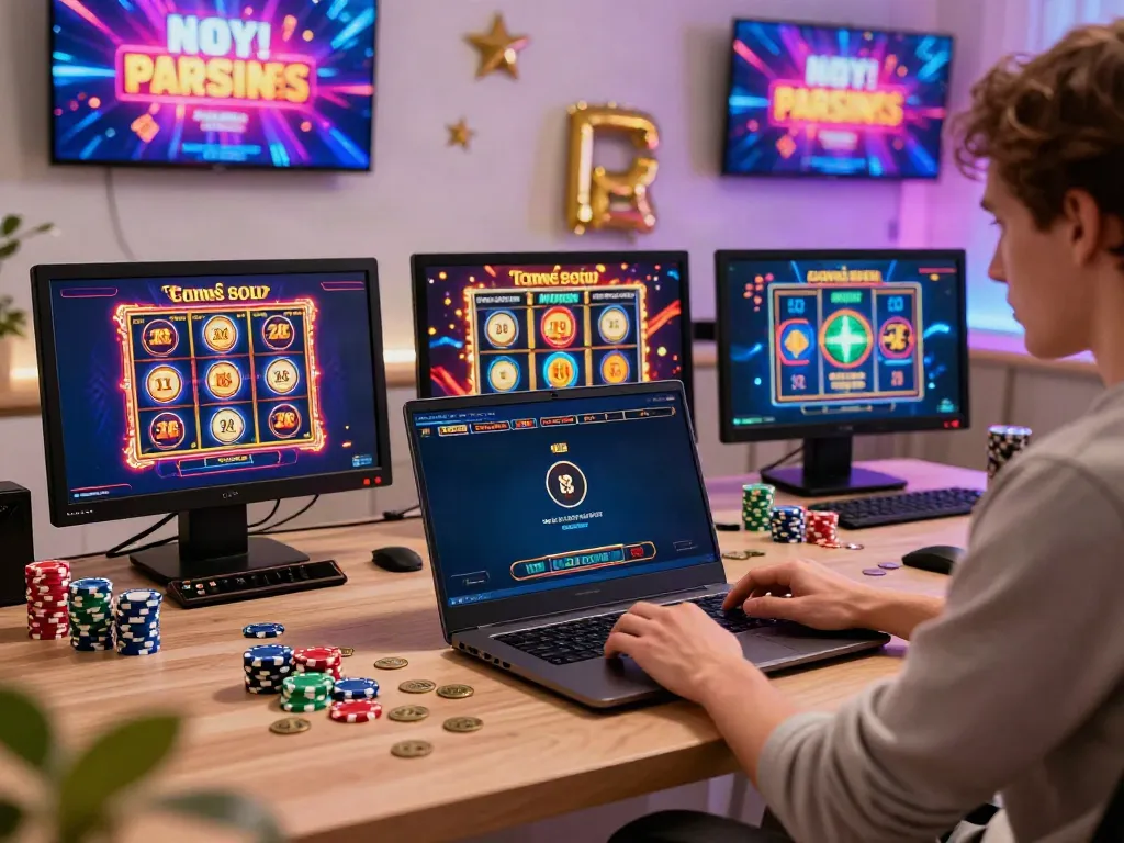 Player enjoying games at a casino not on gamestop in a vibrant home office.