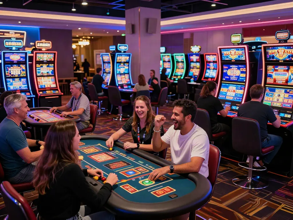 Casino not on GamStop featuring lively gaming atmosphere with diverse players and vibrant decorations