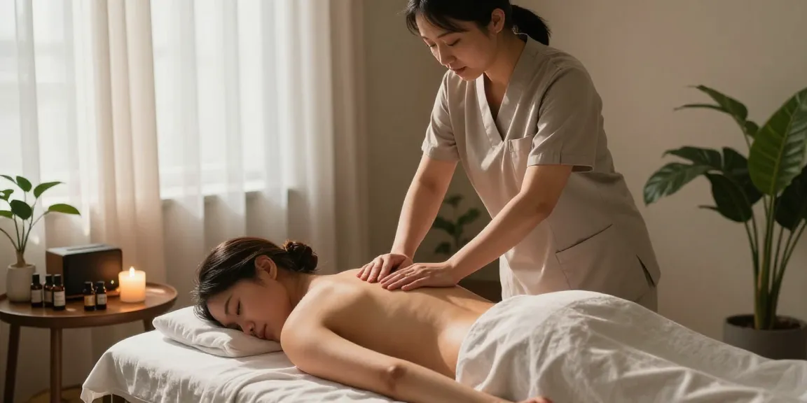 Client enjoying a 출장마사지 session in a serene home wellness environment with soothing elements.