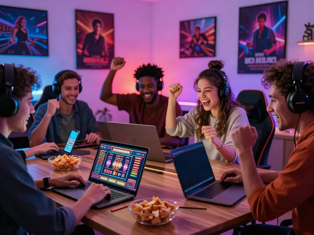 Group of friends enjoying popular games at a casino not on Gamestop in a vibrant gaming room.