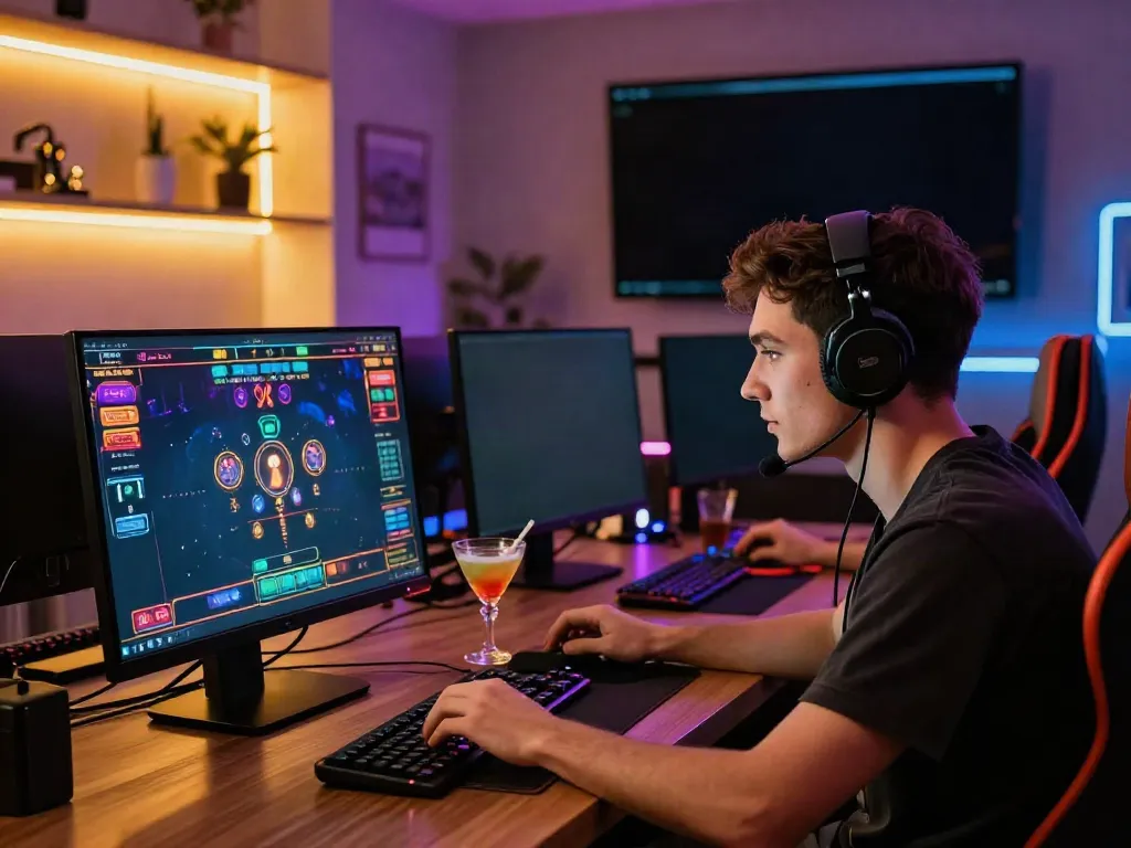 Engaged player at a vibrant online casino not on GamStop, showcasing modern gaming setup and excitement.