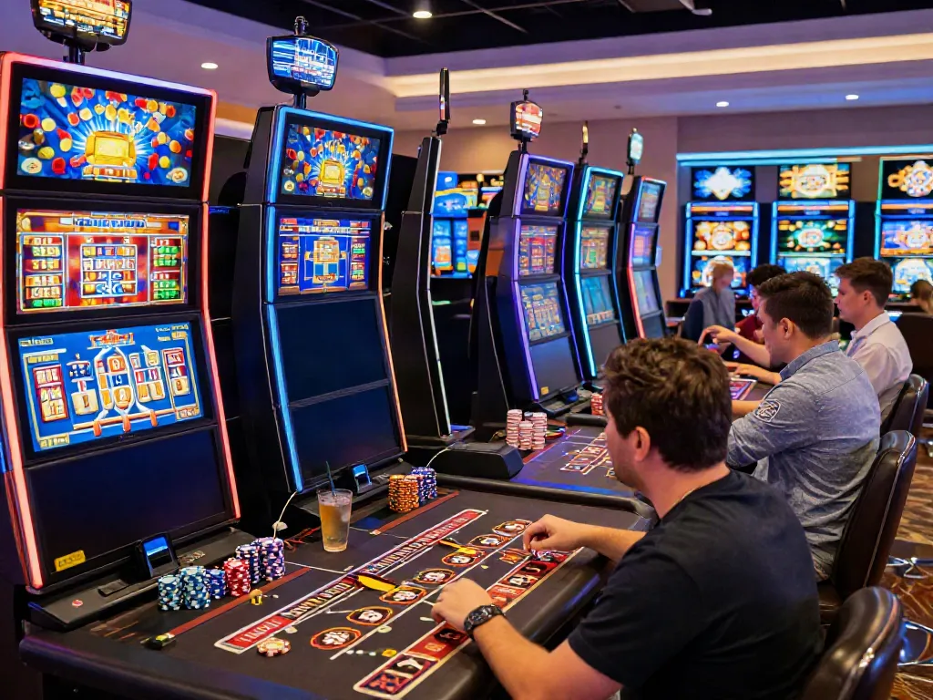 Players enjoying various games at a casino not on gamestop, lively atmosphere and vibrant lights.