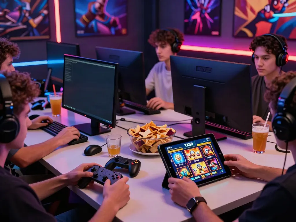 Diverse gamers enjoying the TX88 online platform, featuring slot games and lively atmosphere.