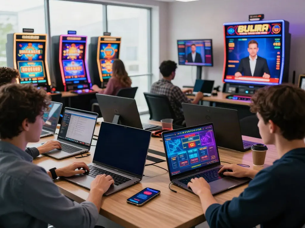 Engaging scene of players enjoying a casino not on gamestop in a modern home office.