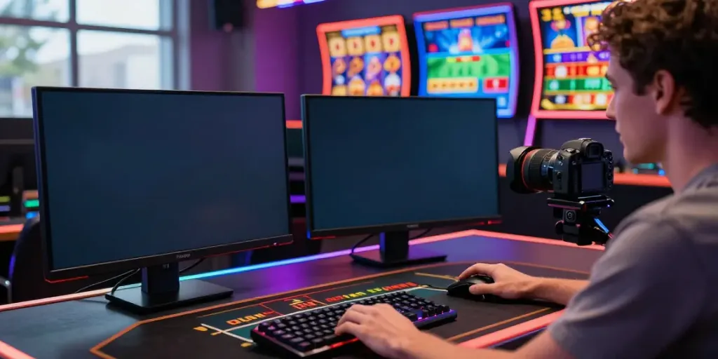 Player enjoying a thrilling session at a casino not on gamestop, surrounded by vivid gaming accessories and engaging screens.