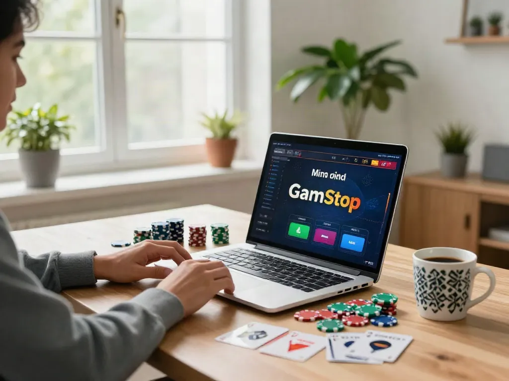 Player enjoying online gaming at a cozy desk, showcasing casino not on GamStop ambiance.