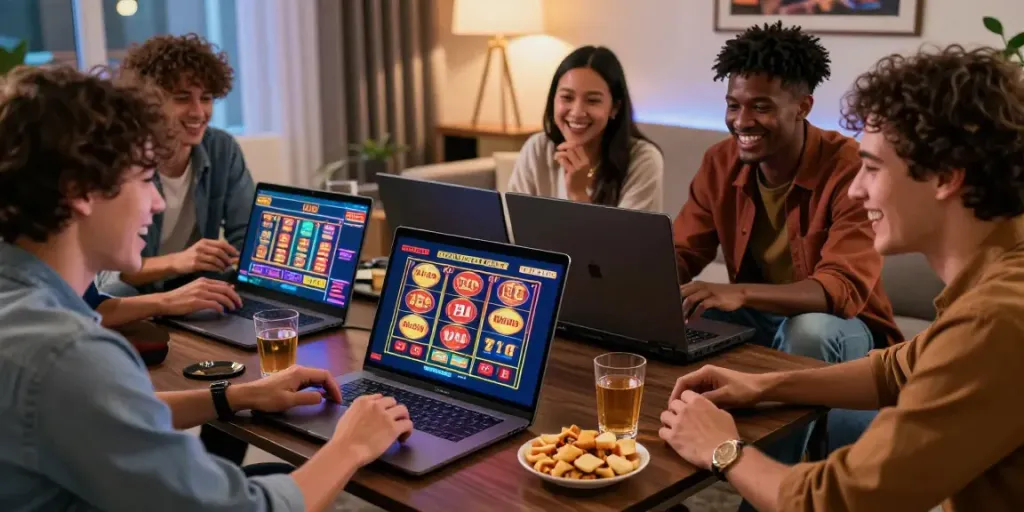 Friends enjoying a virtual gaming night at a casino not on GamStop.