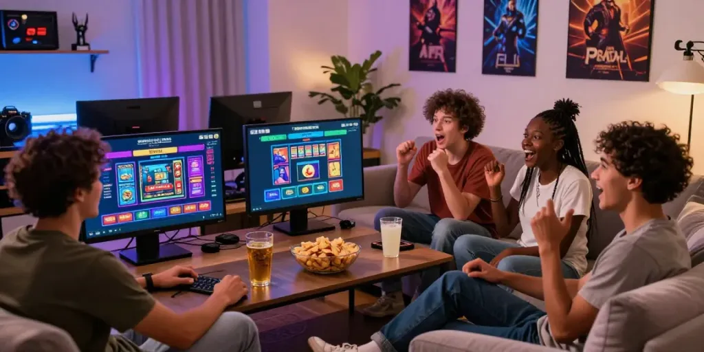 Group enjoying casino not on gamestop online, in a lively atmosphere