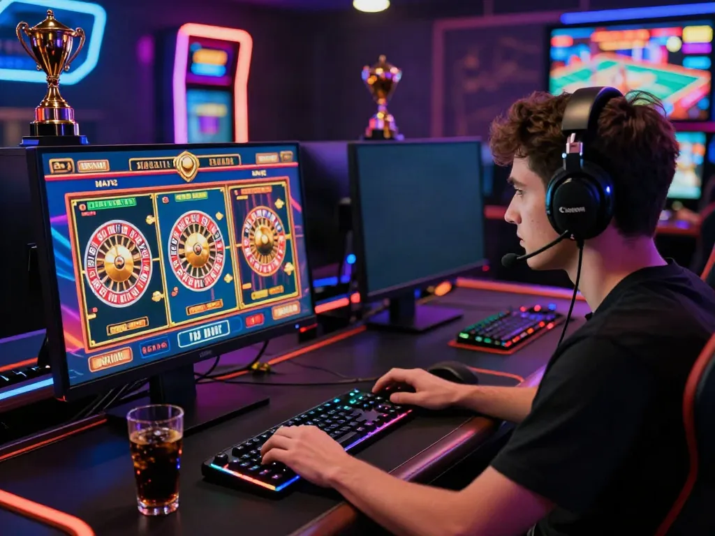 Player immersed in an exciting casino not on gamestop gaming experience, colorful interface and vibrant atmosphere.