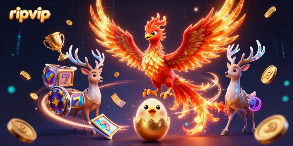 Engage in ripvip gaming with vibrant phoenix characters amidst dynamic gaming elements illustrating slots.