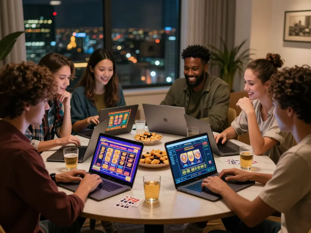 Friends enjoying casino games not on Gamstop in a lively setting.