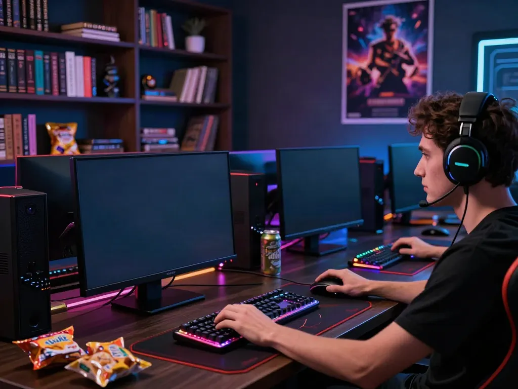 Engaged gamer playing at a casino not on Gamstop in a modern home setup.