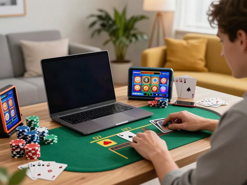 Player enjoying a casino not on GamStop game on a laptop in a cozy home.