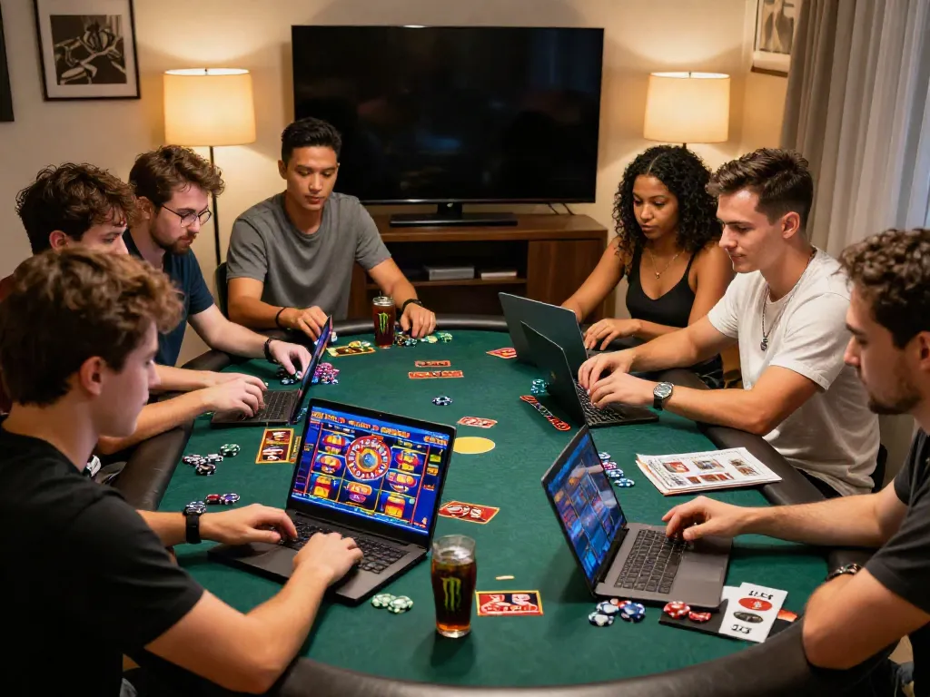 Diverse group enjoying casino games not on GamStop in a vibrant home setting.