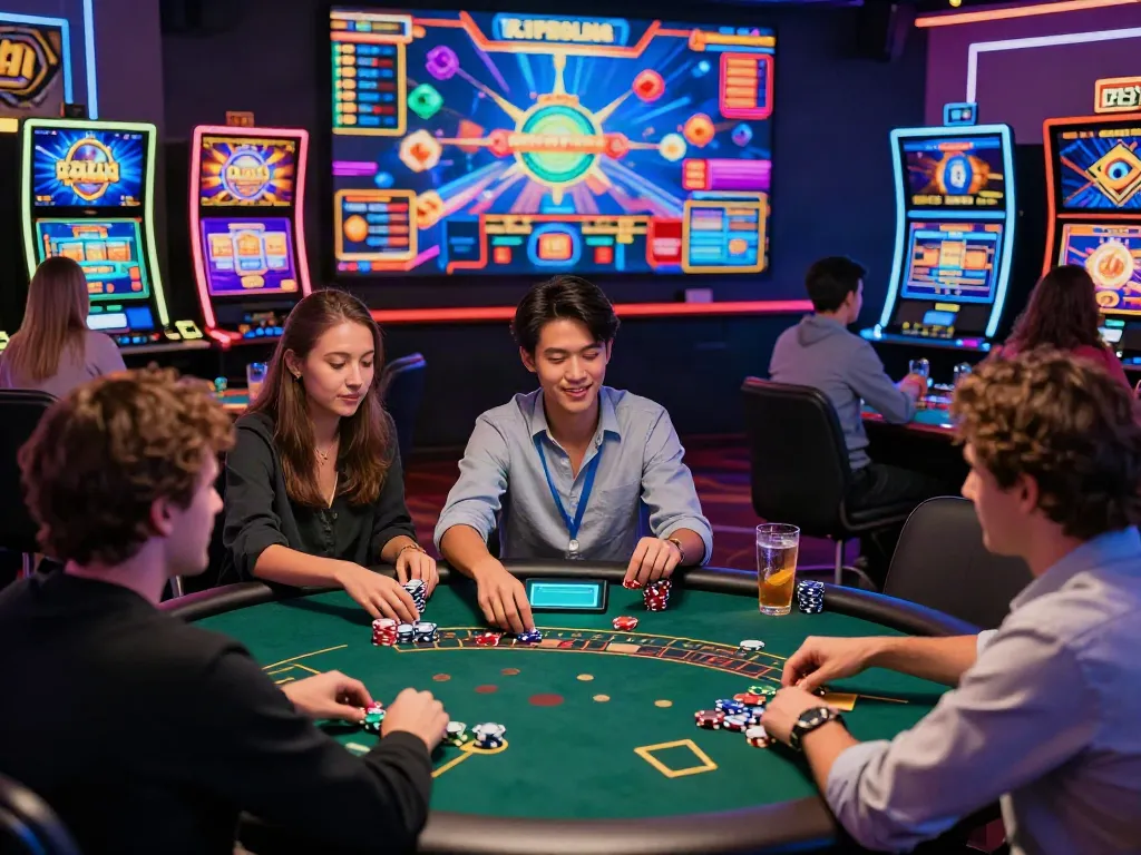Players enjoying a lively online casino experience not on Gamstop, engaging with vibrant games and digital interfaces.