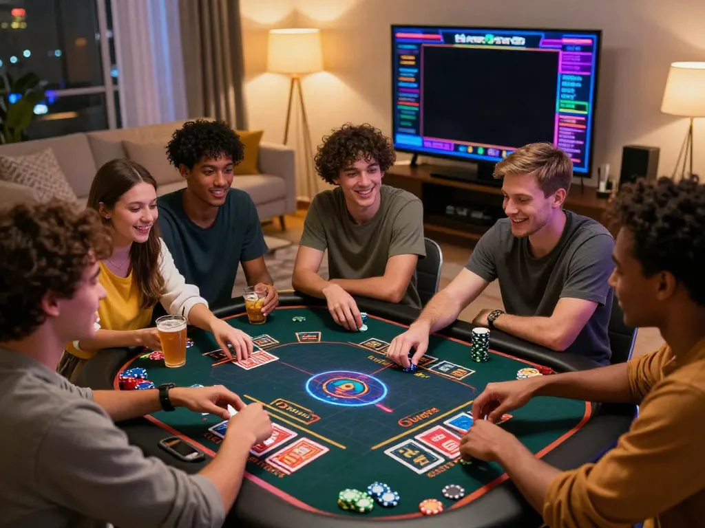 Friends enjoying gaming session at a casino not on gamestop with colorful visuals and snacks.