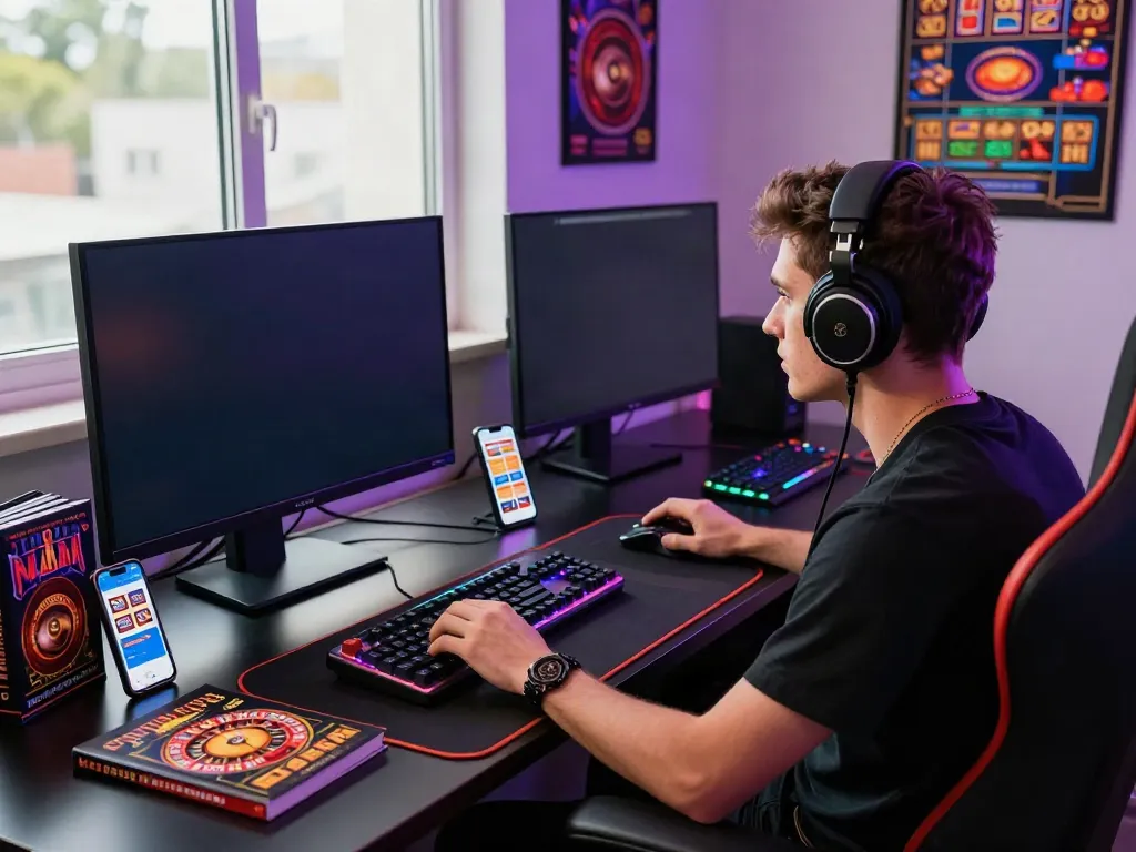 Focused gamer at a stylish desk exploring casino not on gamestop on high-definition screen