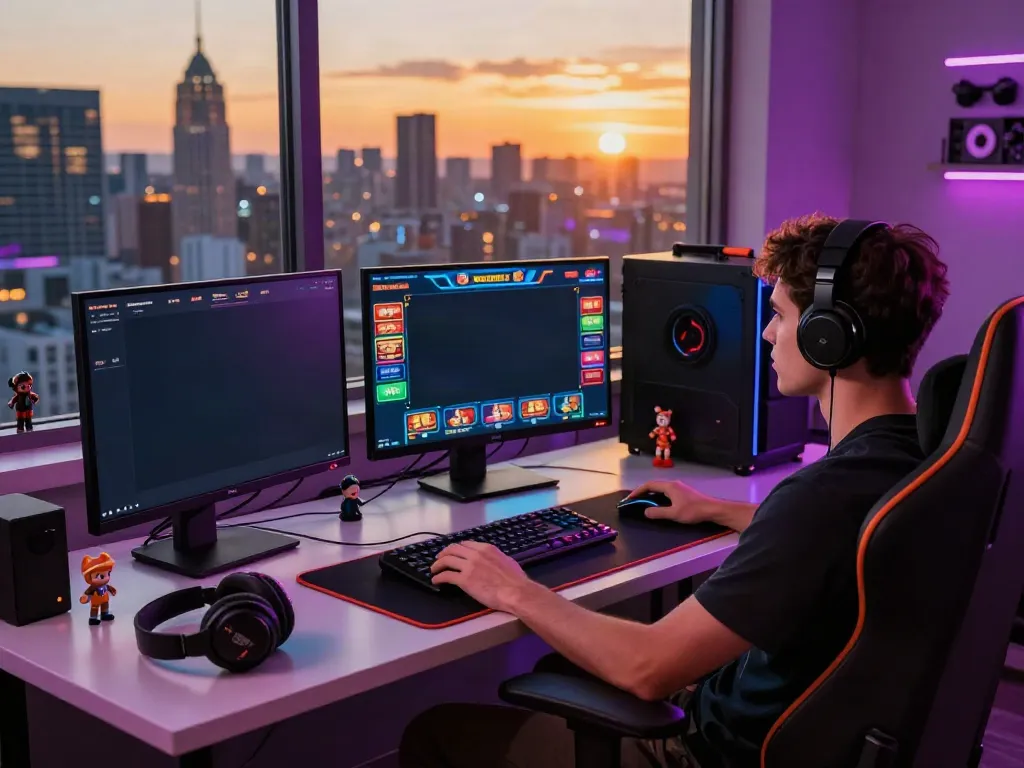 Gamer immersed in exciting online gameplay at a vibrant setup showcasing casino not on Gamstop.