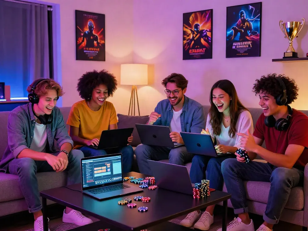 Friends enjoying a gaming night with laptops, celebrating at a casino not on gamestop.