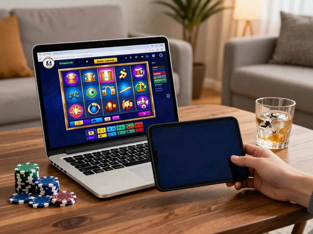 Casino not on GamStop game visuals on laptop with chips and drink.
