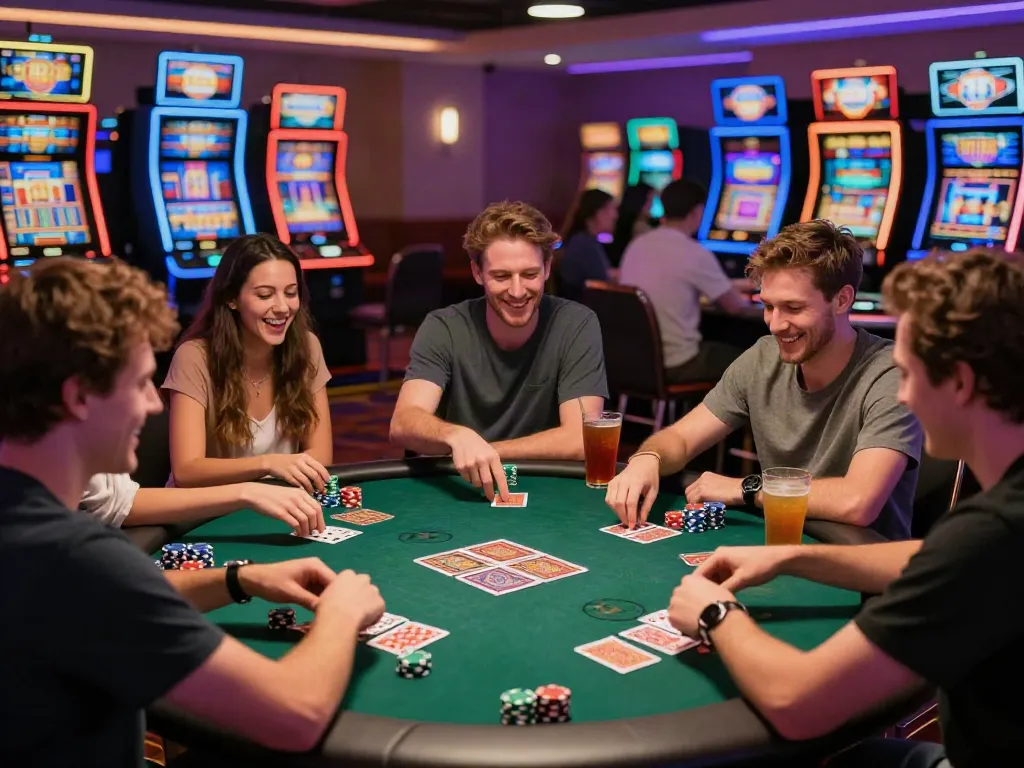 A lively gaming scene at a casino not on Gamstop with friends playing cards and vibrant slot machines in the background.