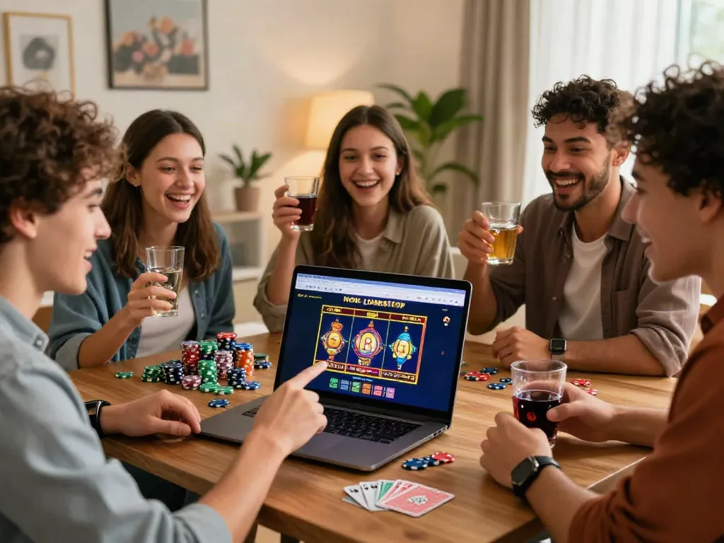 A group of friends enjoying a gaming night around a laptop showcasing a casino not on GamStop.