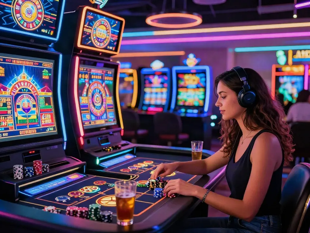 Engaged player at a casino not on GamStop, surrounded by vibrant gaming atmosphere.