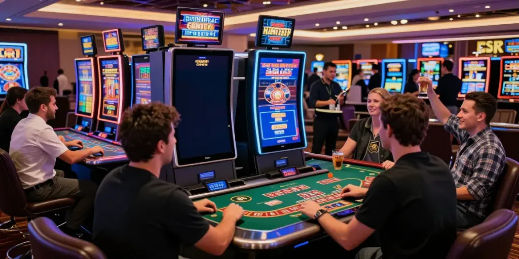 Players enjoying games at a casino not on Gamstop, vibrant atmosphere with neon lights.