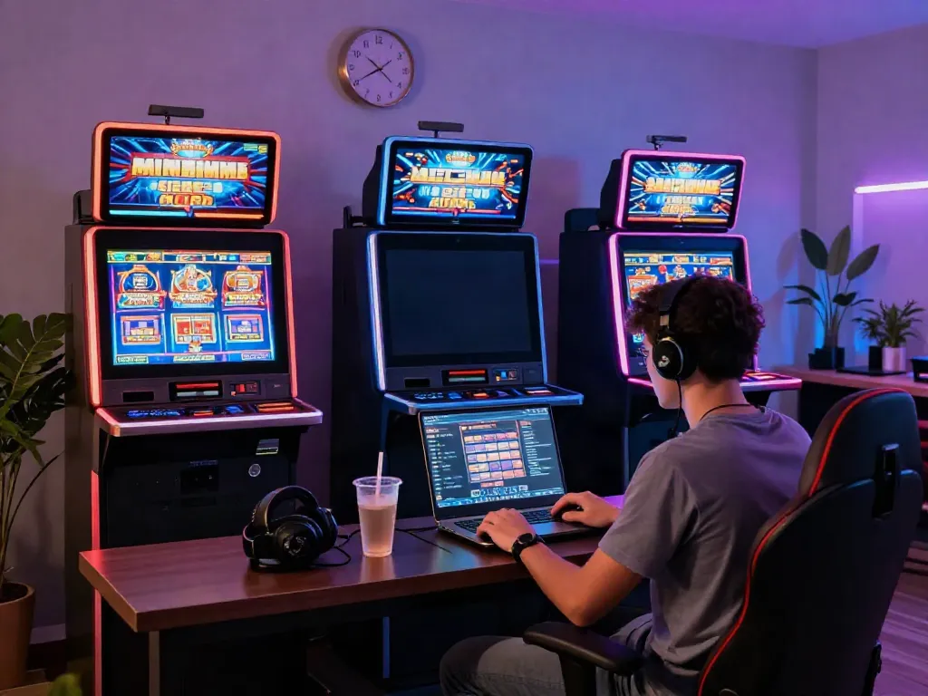 Exciting gaming scene featuring a player at a laptop exploring a casino not on Gamstop in a cozy home setting.